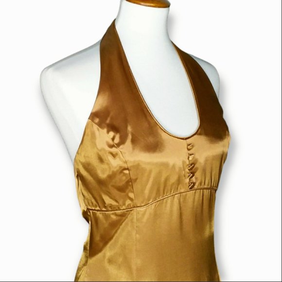 Vtg Jessica McClintock Gunne Sax Maxi Halter Dress Size 7/8 Liquid Gold Metallic - Picture 6 of 12